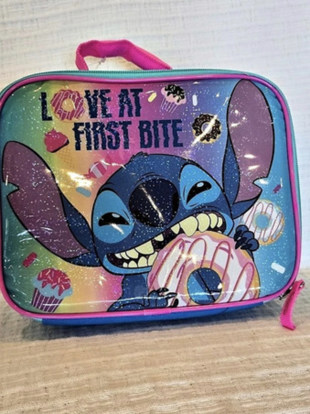 Disney Stitch Love At First Bite Lunch Bag Blue & Pink